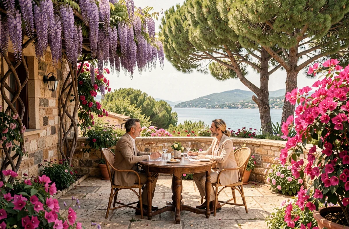 Terrasse fleurie de la Villa Les Glycines aux Issambres avec glycines en fleur et vue partielle sur le golfe de Saint-Tropez