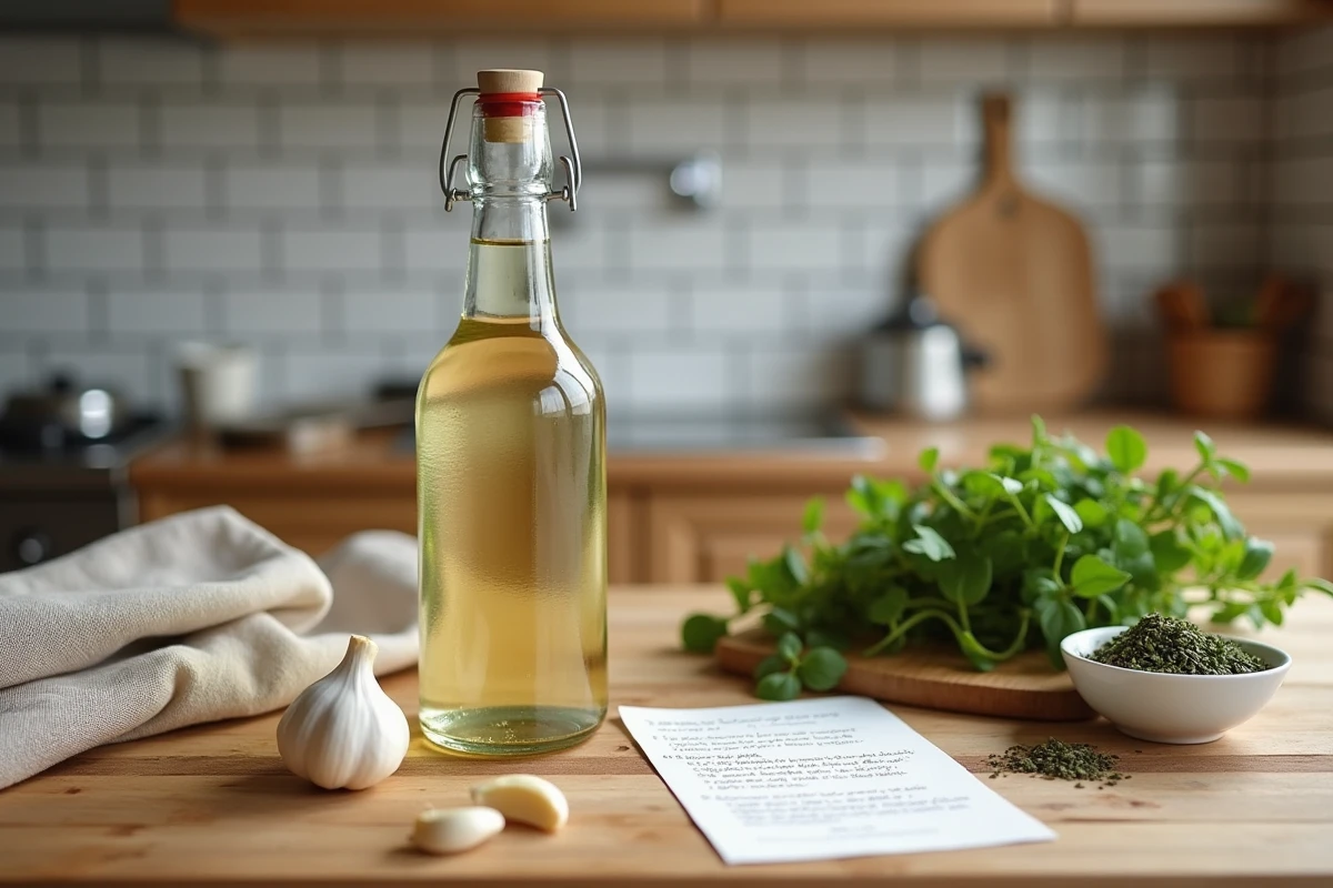 Bouteille de vinaigre d'alcool sur un plan de travail en bois avec des ingrédients de cuisine, évoquant l'usage culinaire du vinaigre dans la cuisine halal