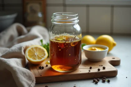 Vinaigrette maison dans un bocal en verre avec huile d'olive et vinaigre balsamique sur planche en bois