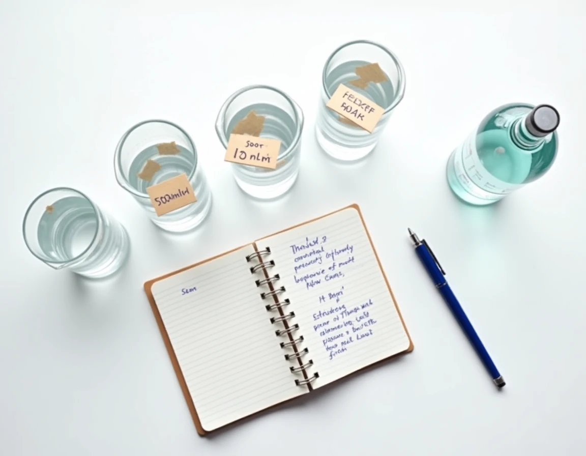 Vue aérienne de cylindres gradués en millilitres et d'une bouteille d'un litre sur fond blanc avec un carnet de conversion, illustration pédagogique pour comprendre les mesures de volume